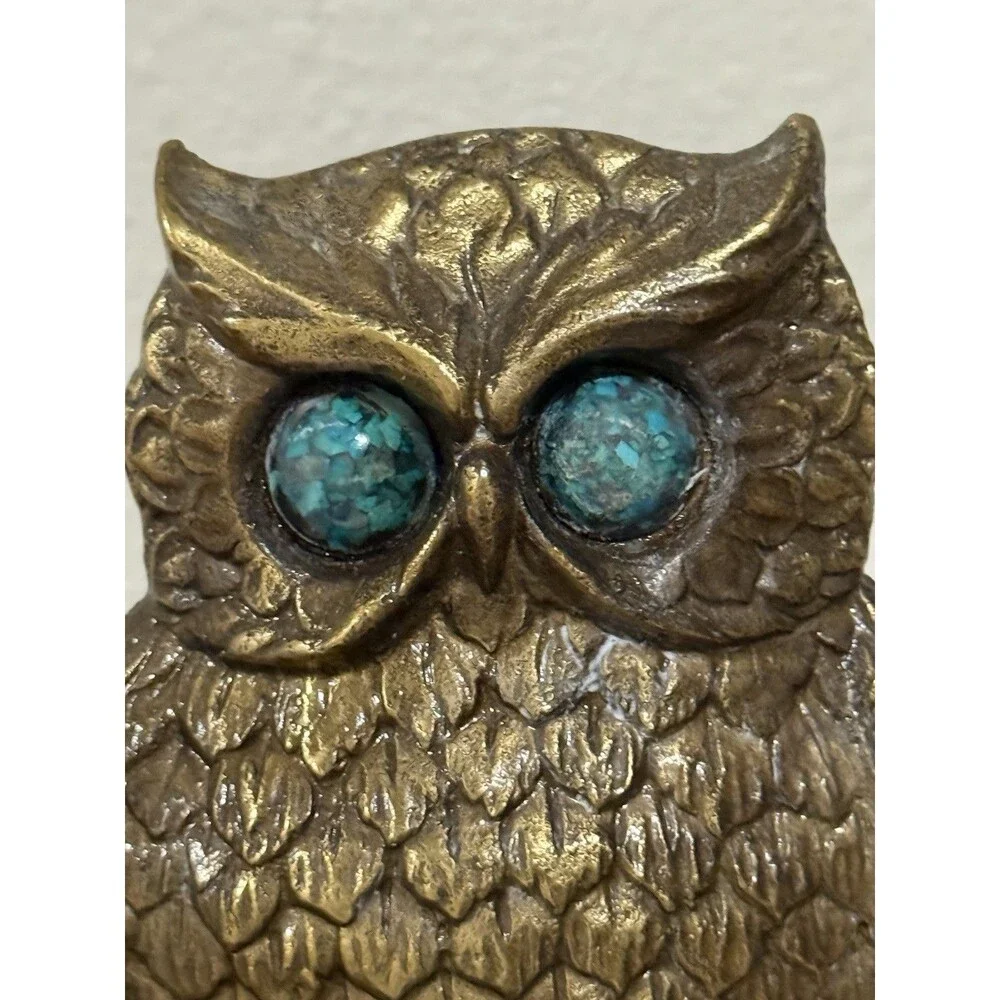 Vintage Owl Bookend Handmade Brass Bluish Green Eyes